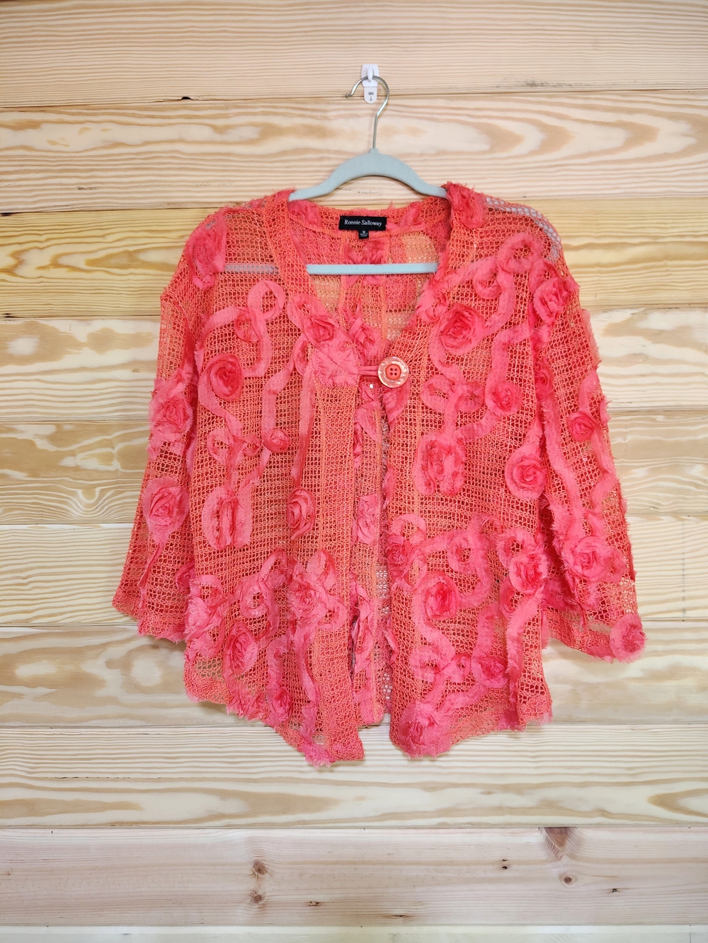 Ronnie Salloway Coral Pink 3D Rosette Mesh Cardigan Jacket Medium Artsy Cottage